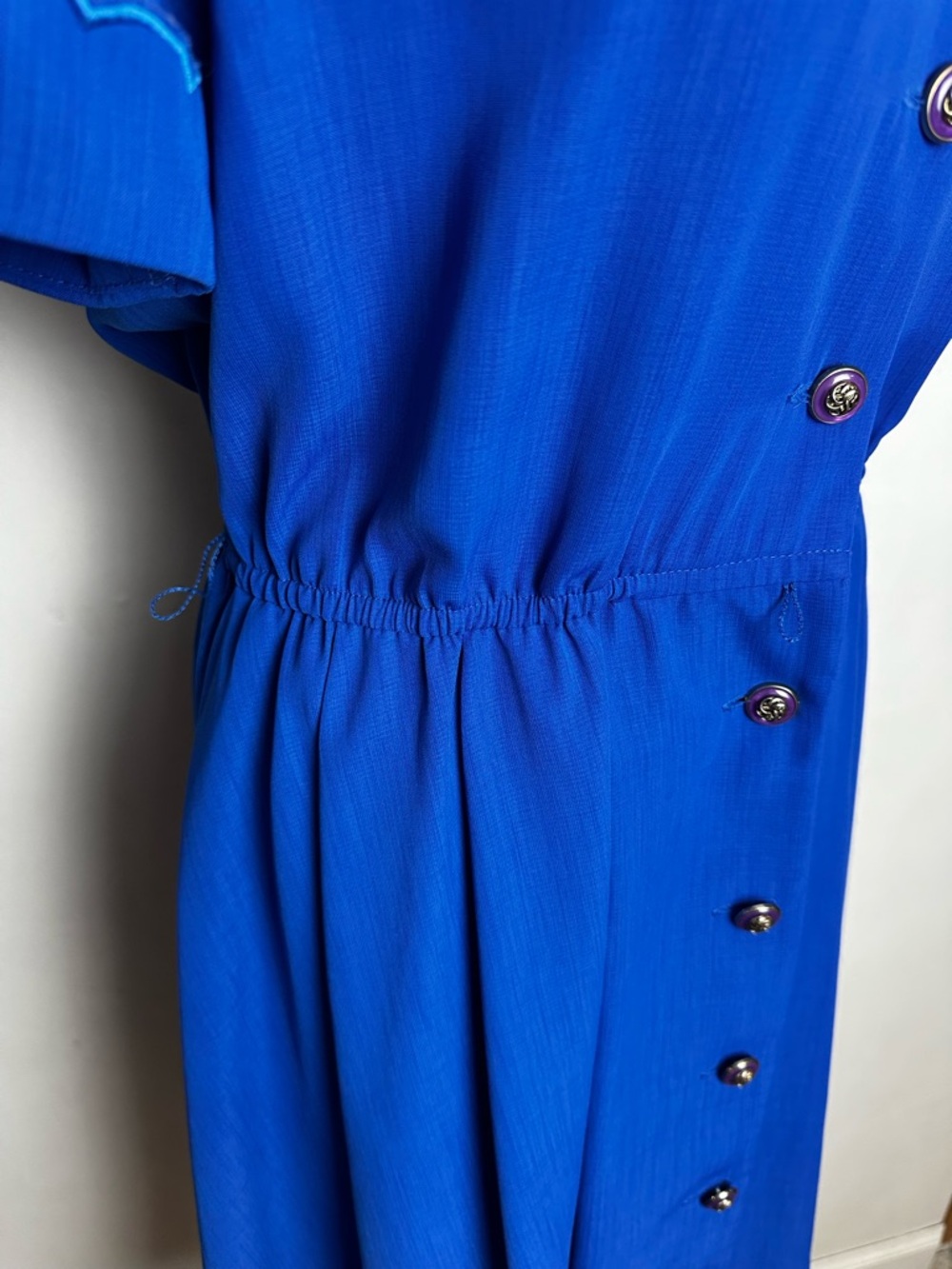 Vintage 80s Leslie Fay Blue Midi Dress with Belt Women's Size 10 Petite Stretch - Picture 7 of 12